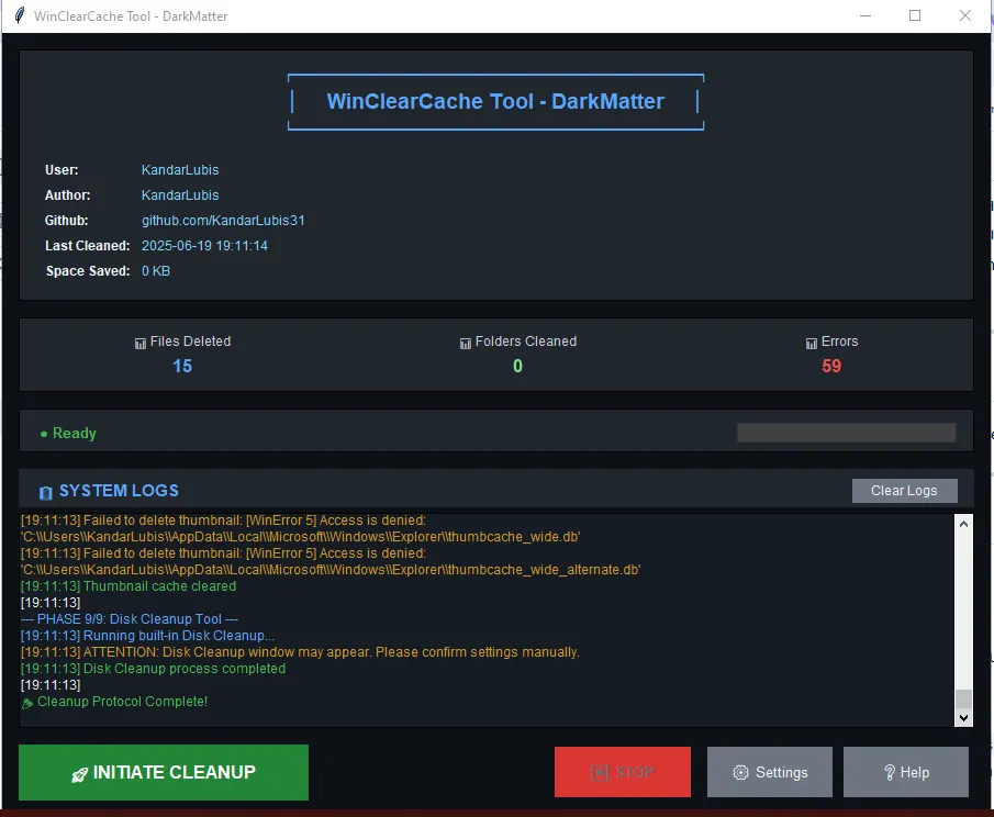 Screenshot dari proyek Studi Kasus: WinClearCache Tool - DarkMatter